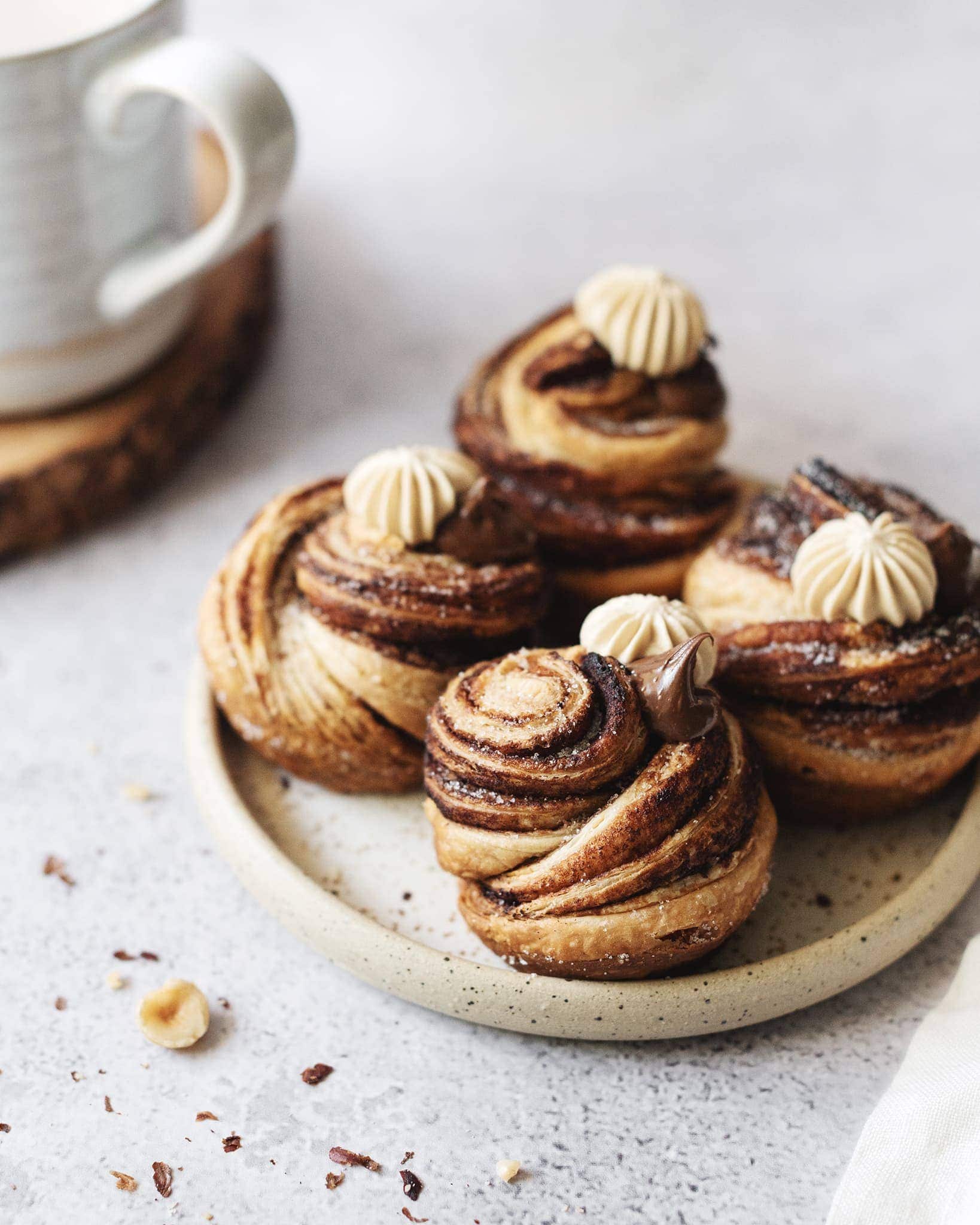 Plate of nutella cruffins with layers and twists of puff pastry