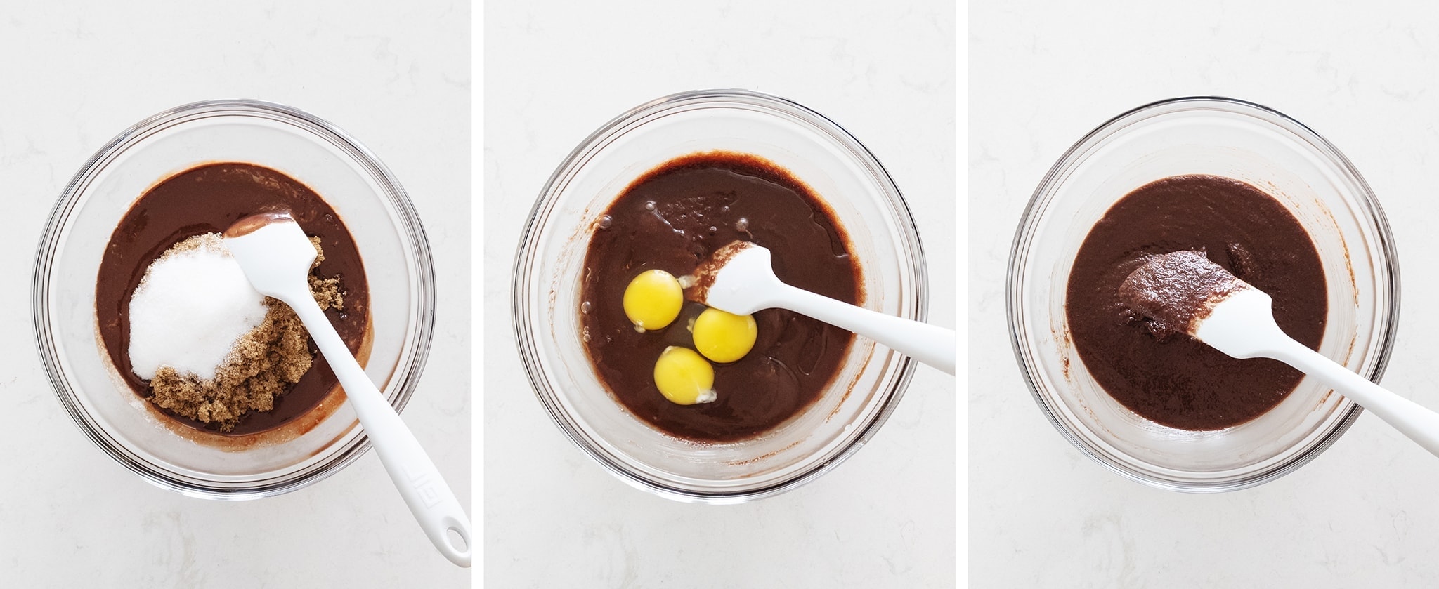 Mixing sugar and eggs into brownie batter