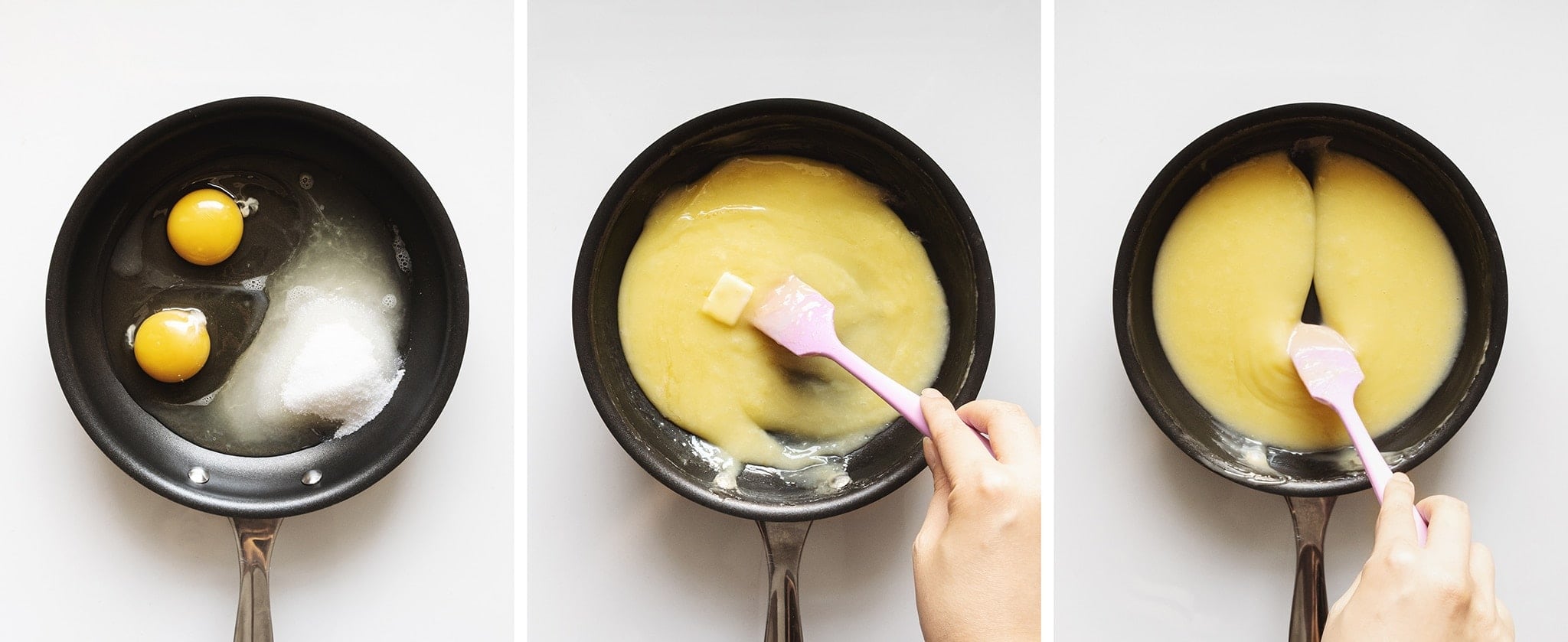 Mixing eggs, sugar, and butter in a pan
