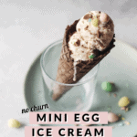 Mini egg ice cream in chocolate cone standing up in a glass