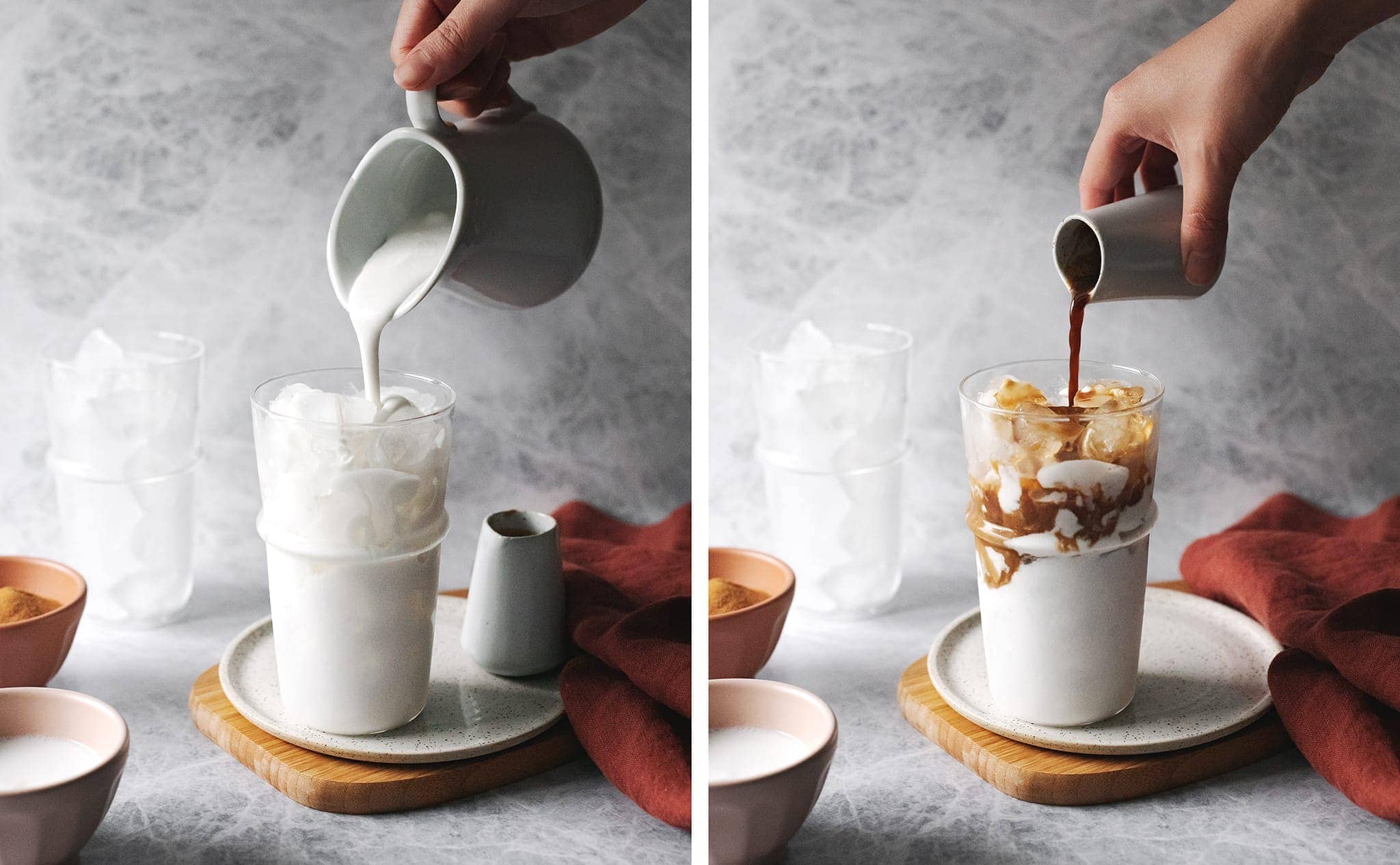 Pouring coconut milk and espresso into glass on ice