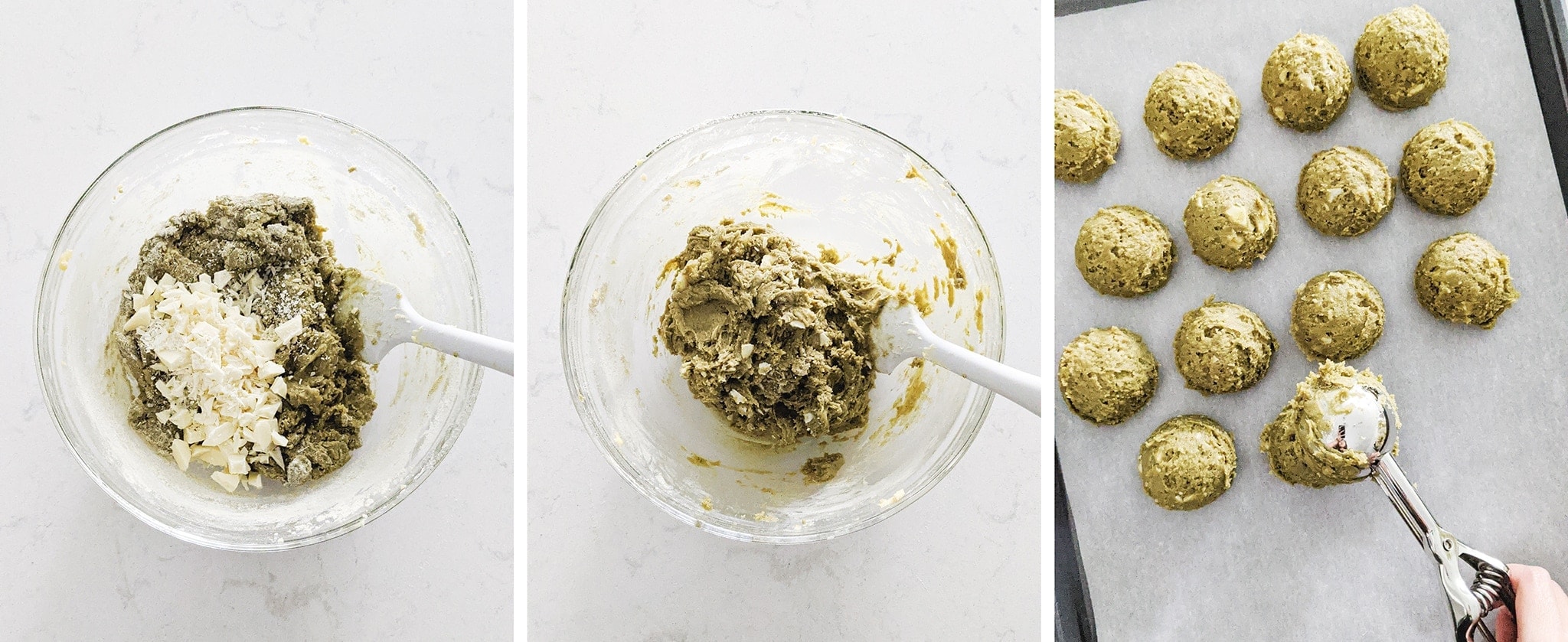 Scooping matcha cookie dough with white chocolate chunks