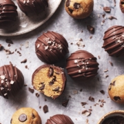 chocolate chip cookie dough bites coated with chocolate