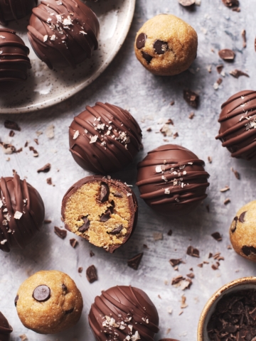 chocolate chip cookie dough bites coated with chocolate