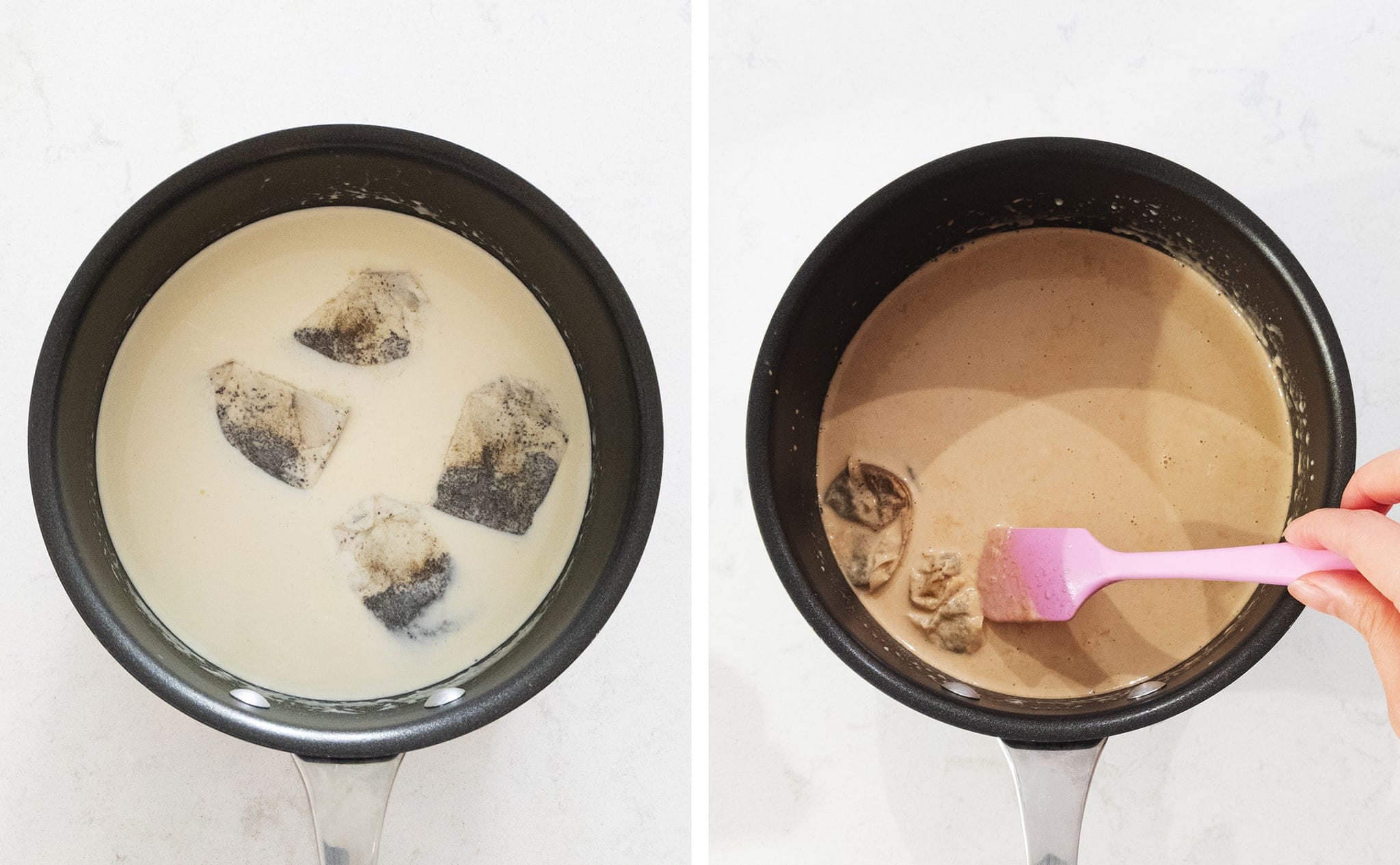 steeping milk with earl grey tea bags in a pot