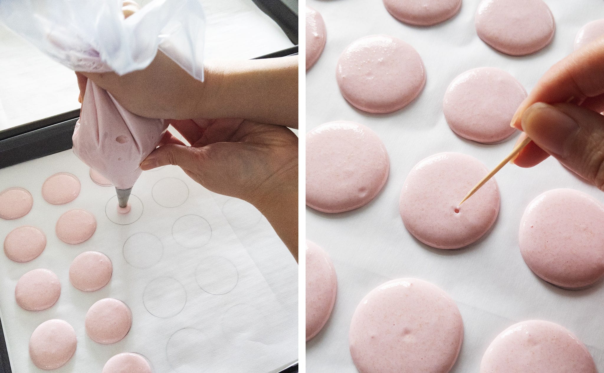 piping out macarons and popping air bubbles