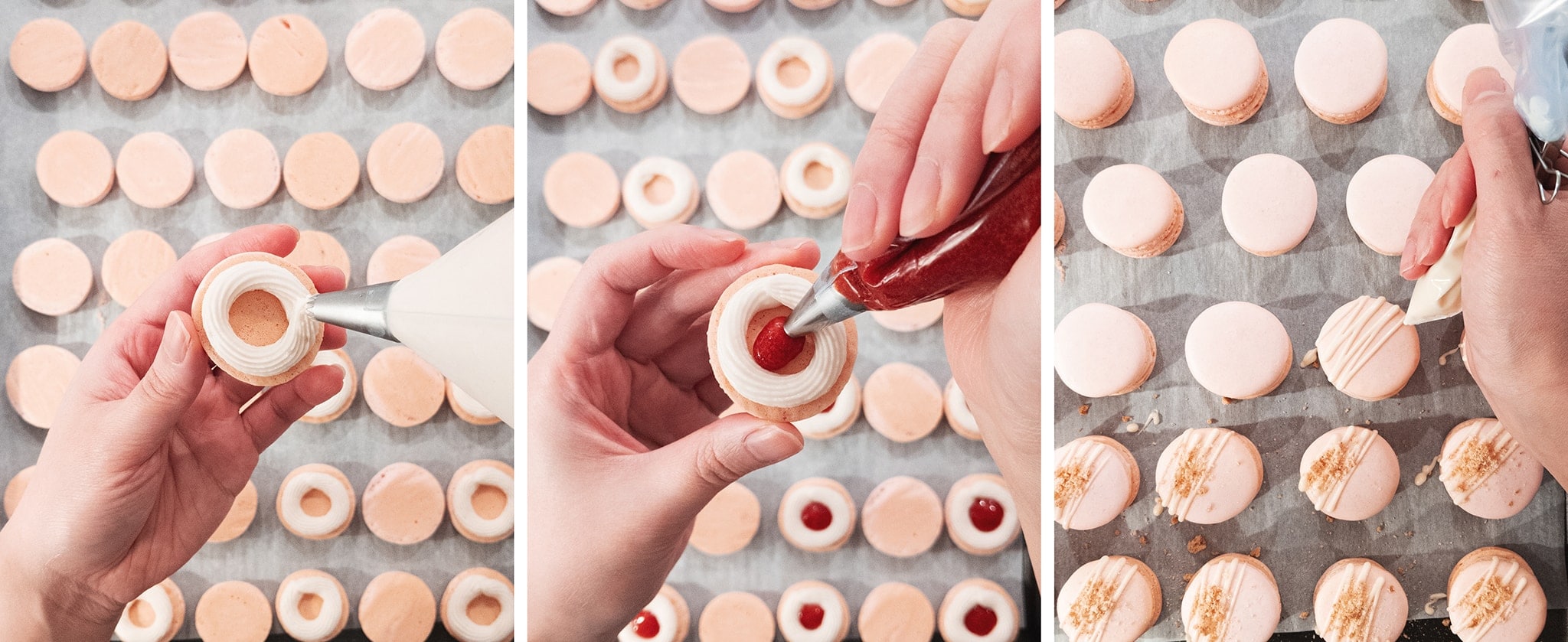 piping filling onto macaron shells