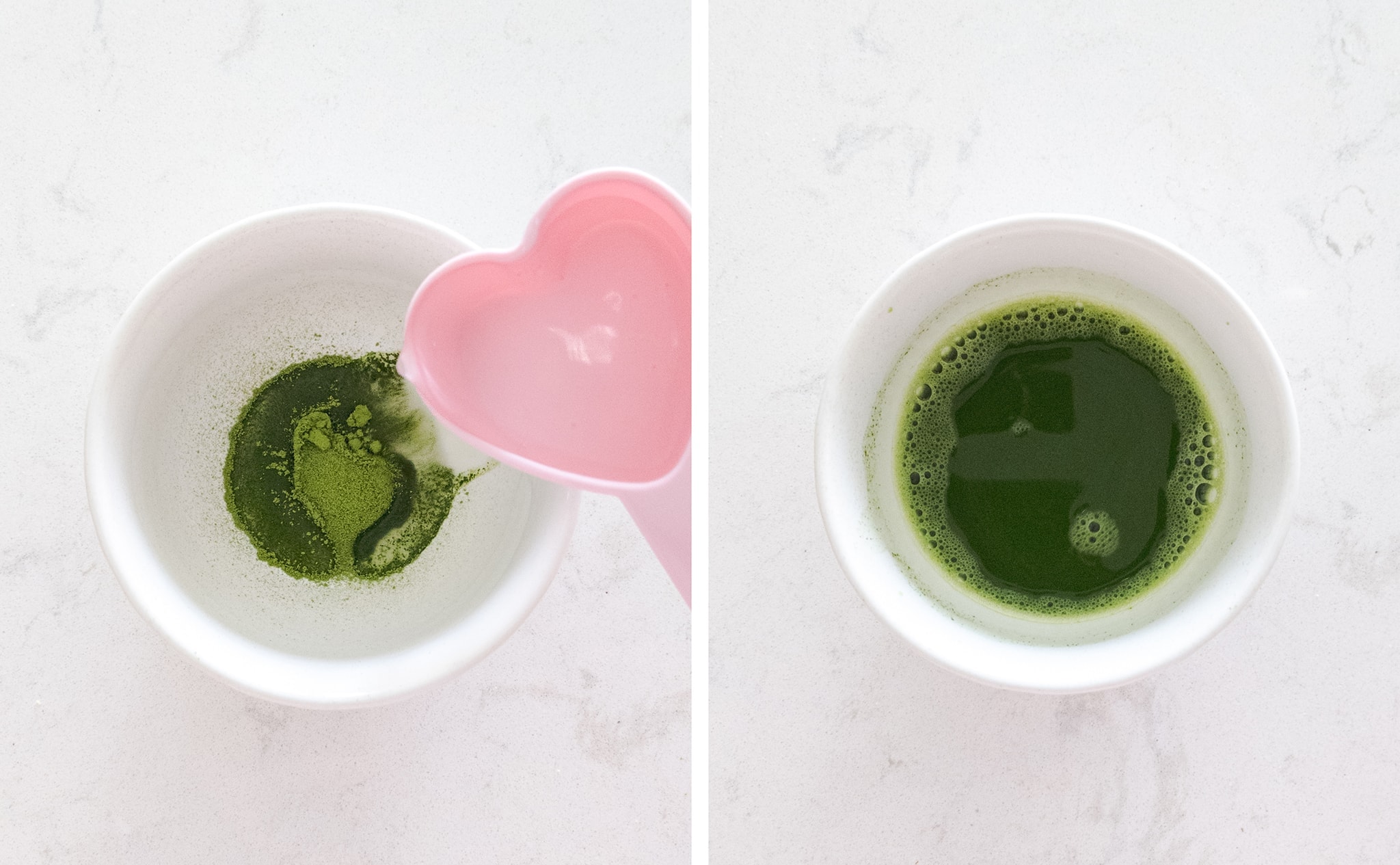 pouring hot water in bowl of matcha powder