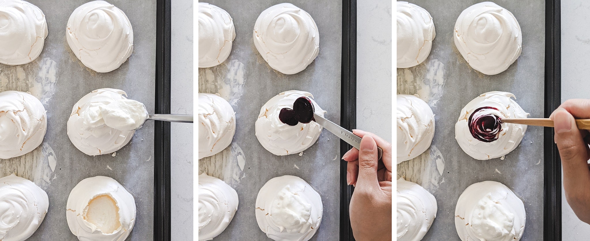 Topping pavlovas with whipped cream and blackberry sauce