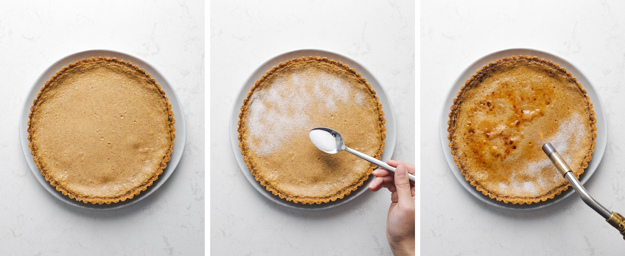 sprinkling sugar on tart and caramelize with blow torch