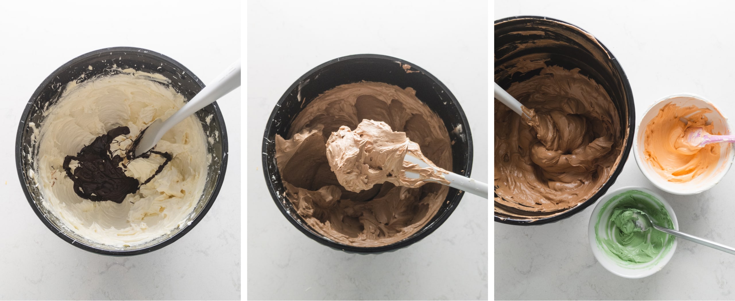 mixing chocolate buttercream in a mixing bowl