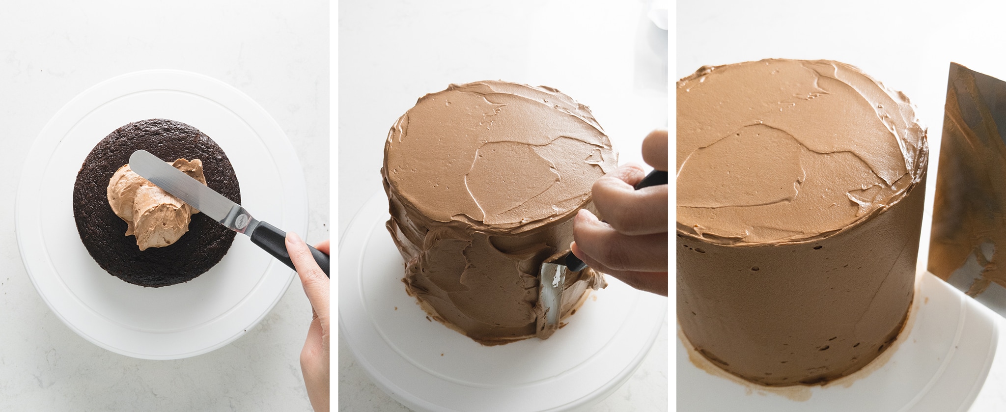 frosting chocolate cake with chocolate buttercream