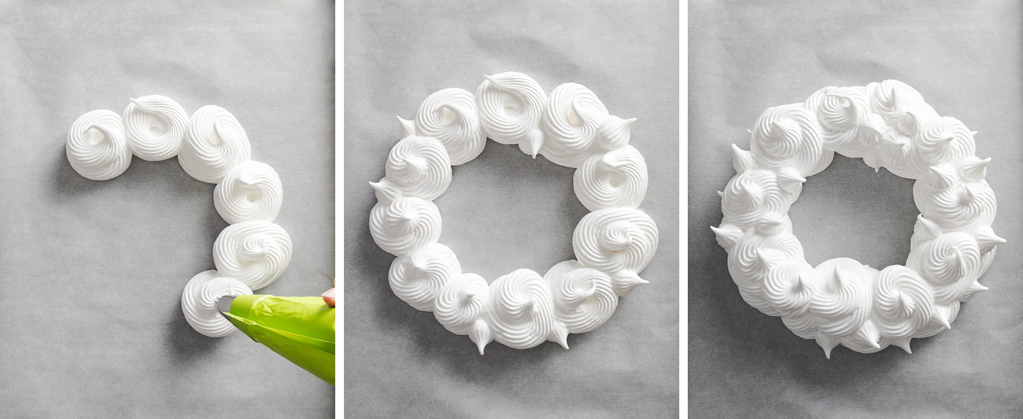 piping white meringue in wreath shape on parchment paper