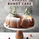 cranberry orange bundt cake with slices cut out of it on cake stand