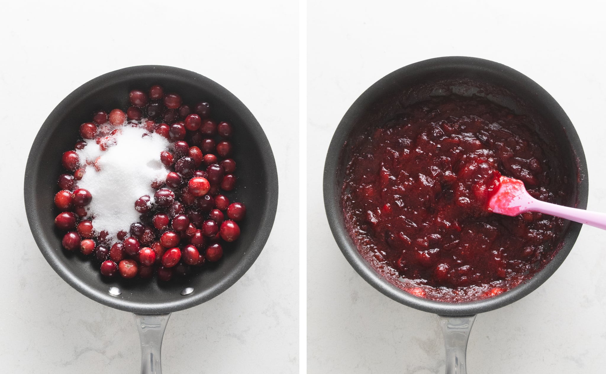 cooking down cranberries into cranberry sauce in a pan