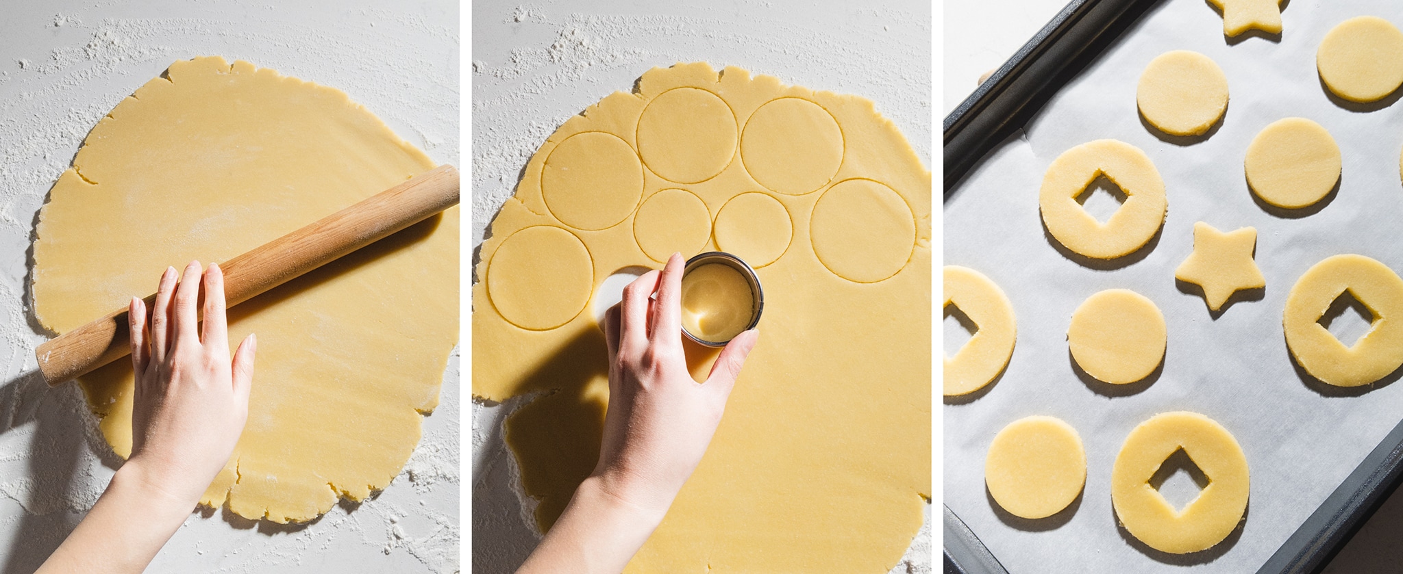 cutting out shapes from rolled out sugar cookie dough