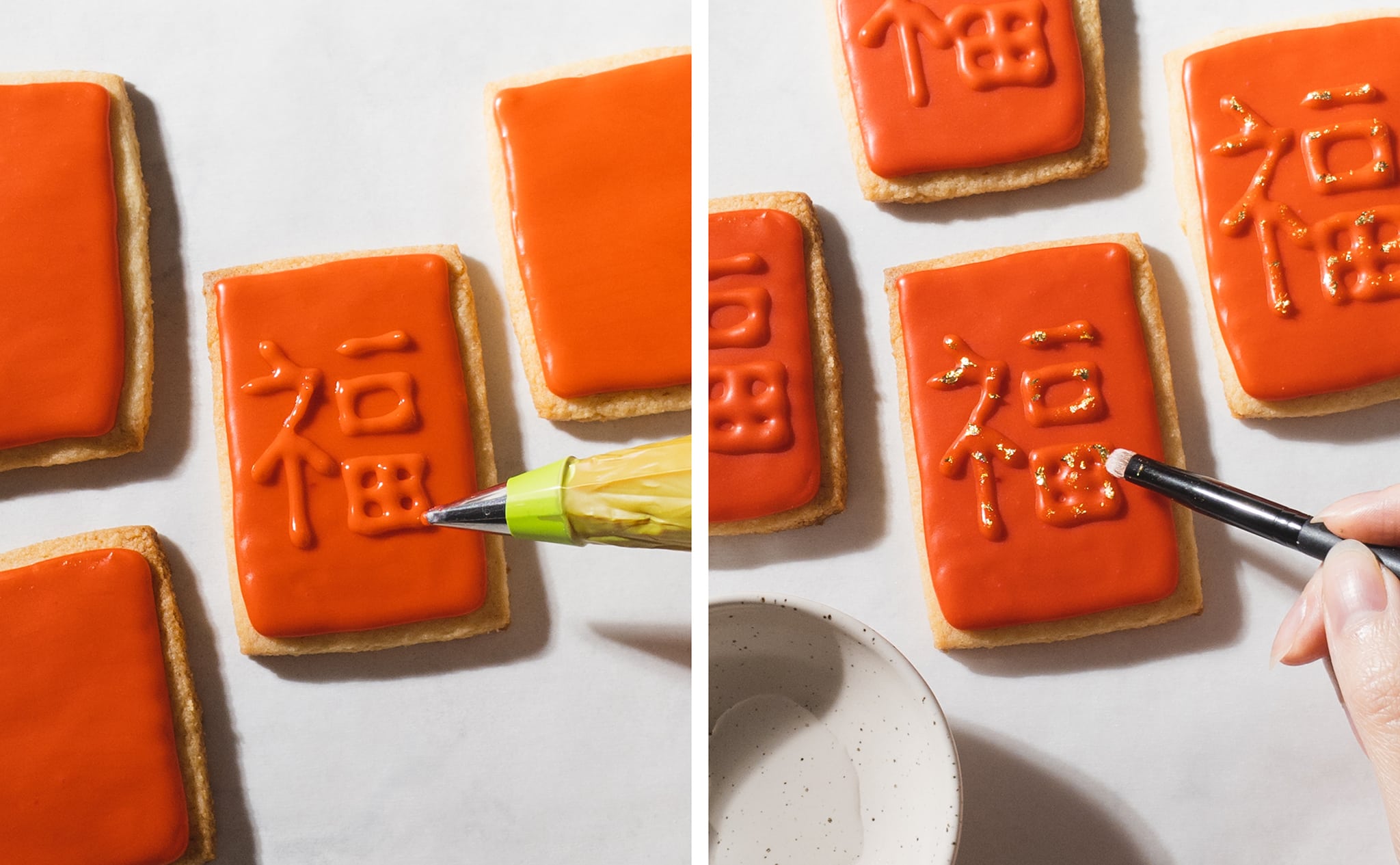 piping chinese character onto sugar cookie and applying edible gold leaf