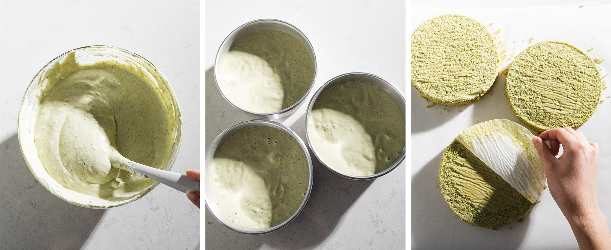 matcha sponge cake batter before and after baking