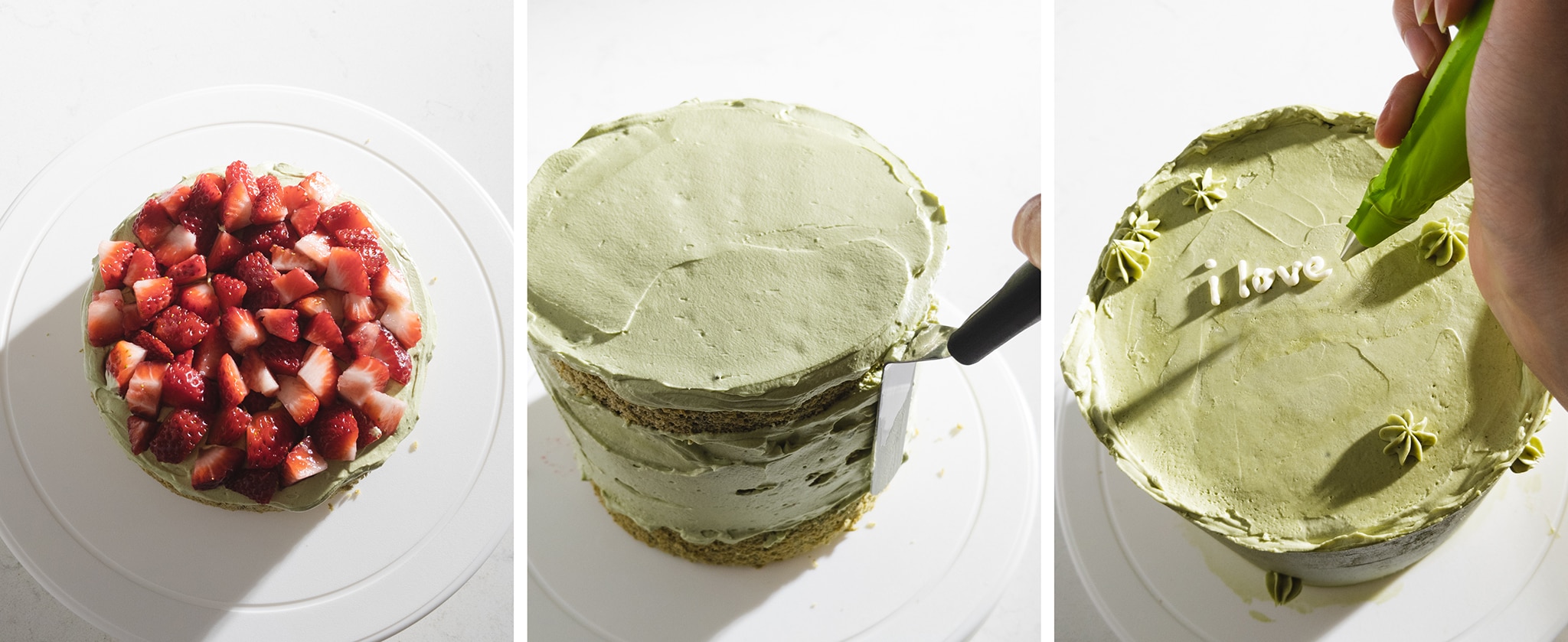 frosting a cake with matcha buttercream