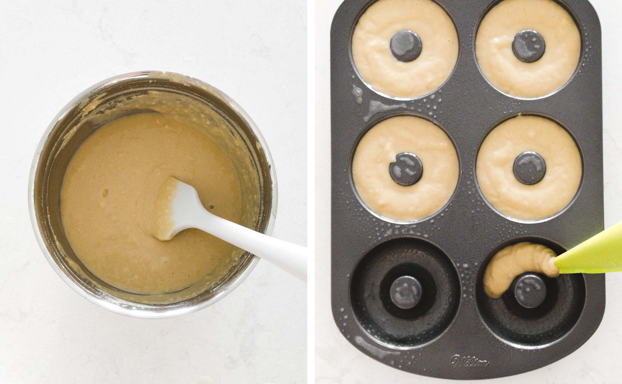 Piping mochi donut batter into donut pan.