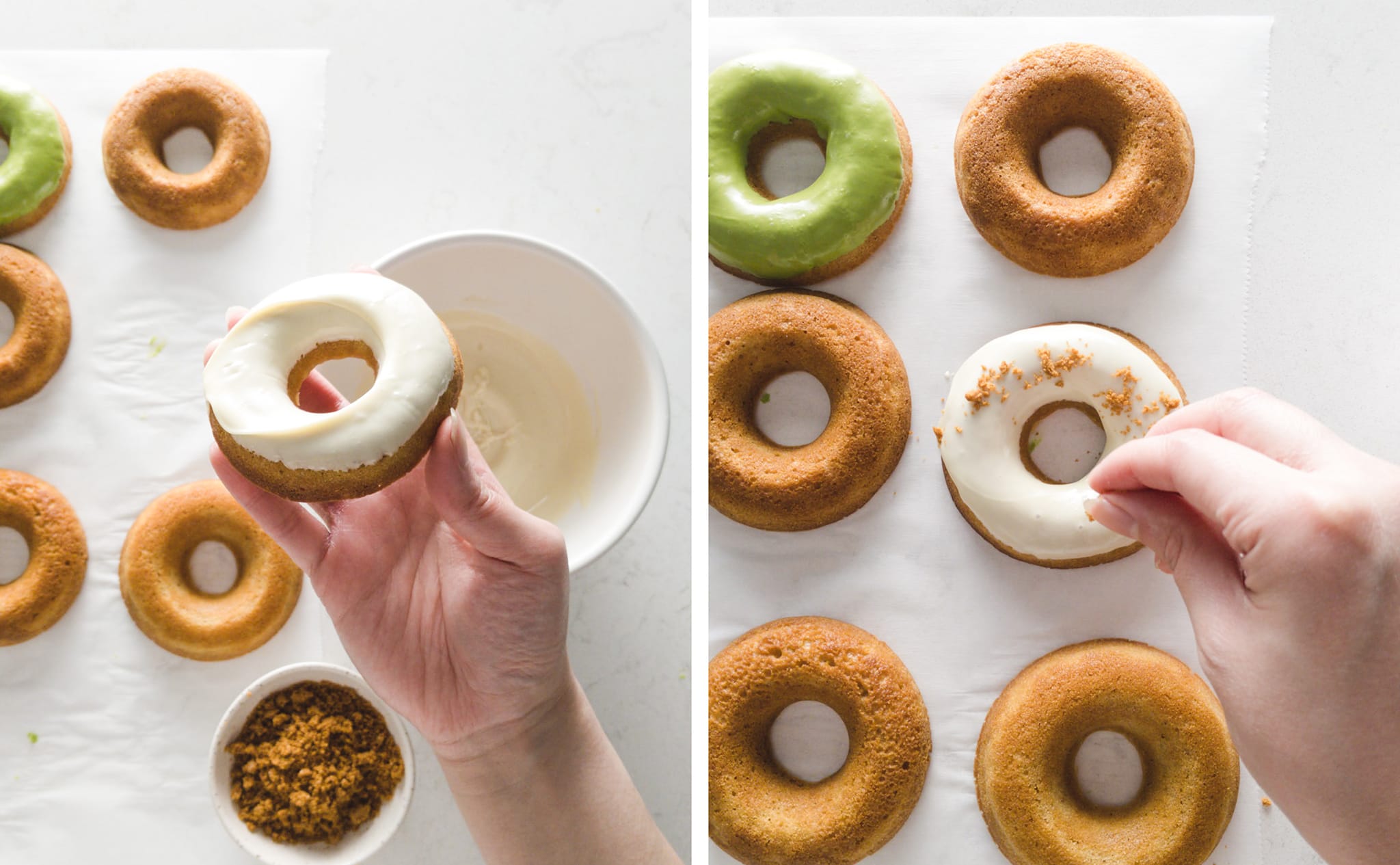 Glazing mochi donuts with melted white chocolate.