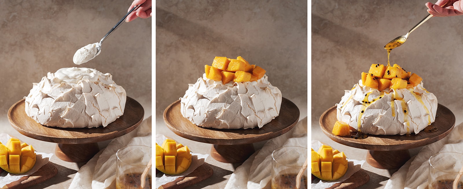 topping pavlova with whipped cream, mangoes, and passionfruit