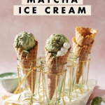 two scoops of matcha ice cream in waffle cones