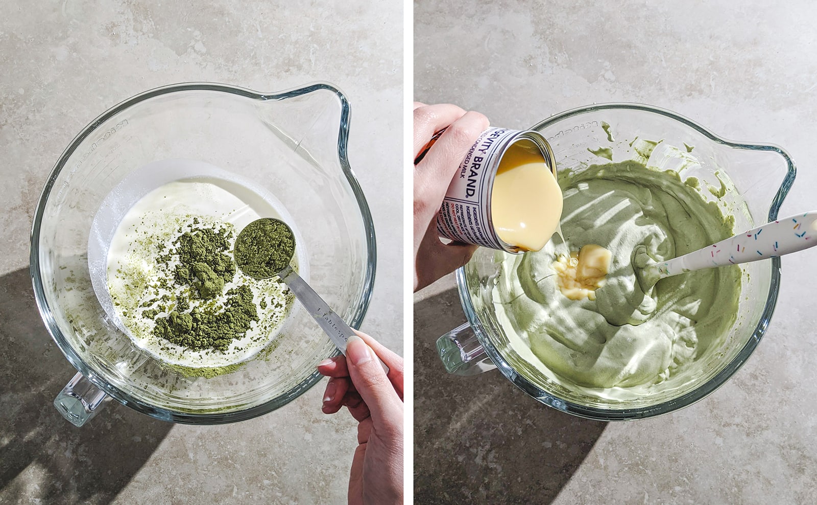 mixing matcha ice cream in a bowl before freezing