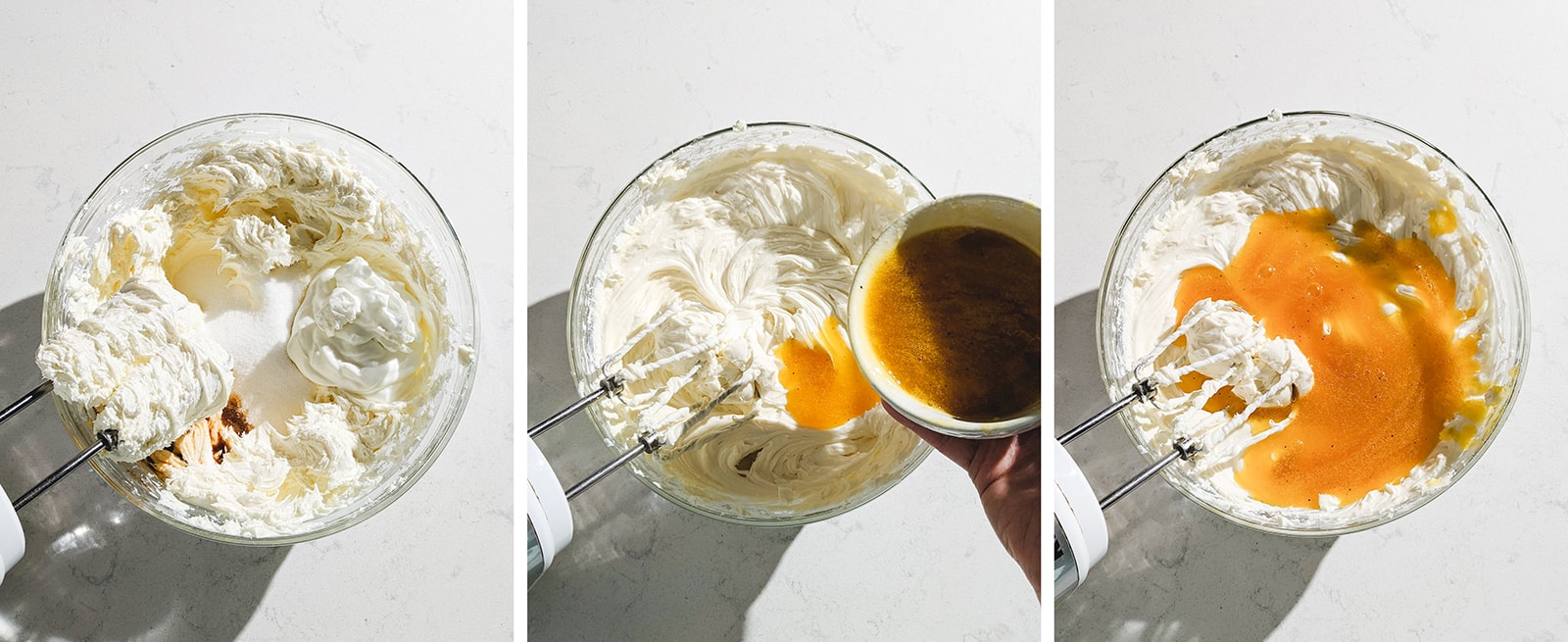 3 image collage of mixing cheesecake batter in a bowl.