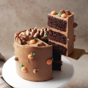 slice of chocolate orange cake lifted with cake server