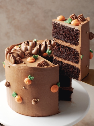 slice of chocolate orange cake lifted with cake server