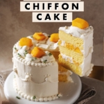 A slice of mango chiffon cake lifted form the cake with text overlay that says “soft & fluffy mango chiffon cake”.