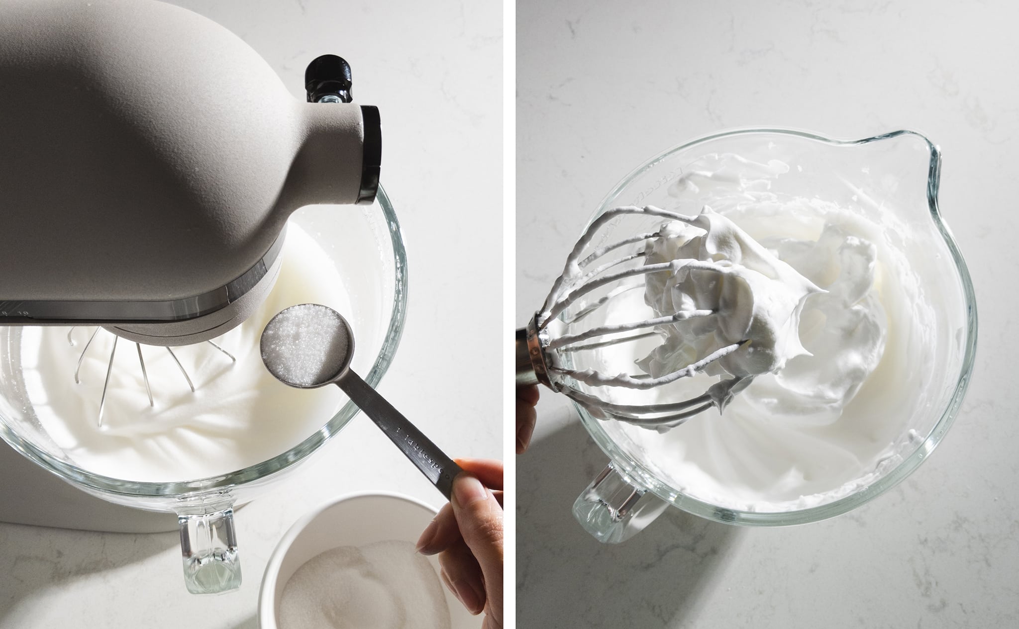 Two image collage of beating egg white meringue in a stand mixer.