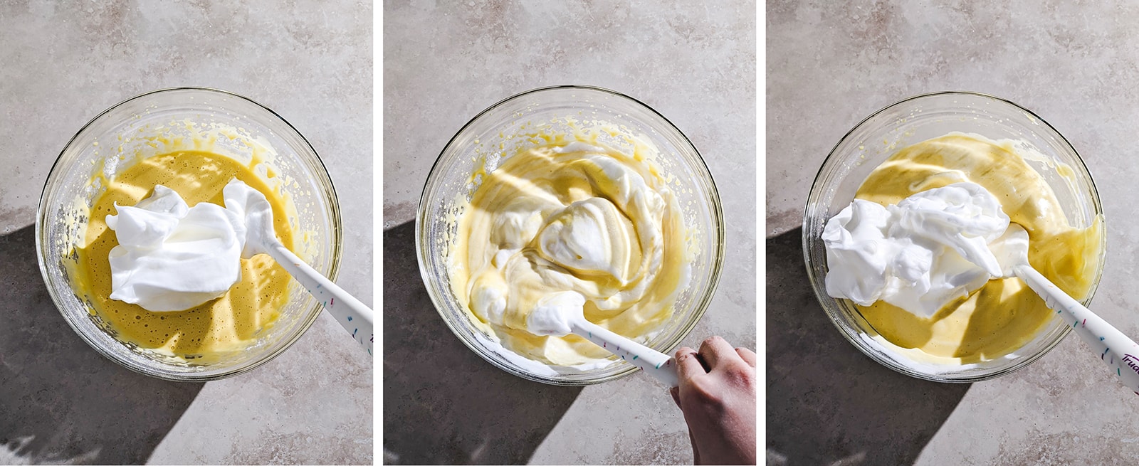 Three image collage of folding meringue into egg yolk mixture.