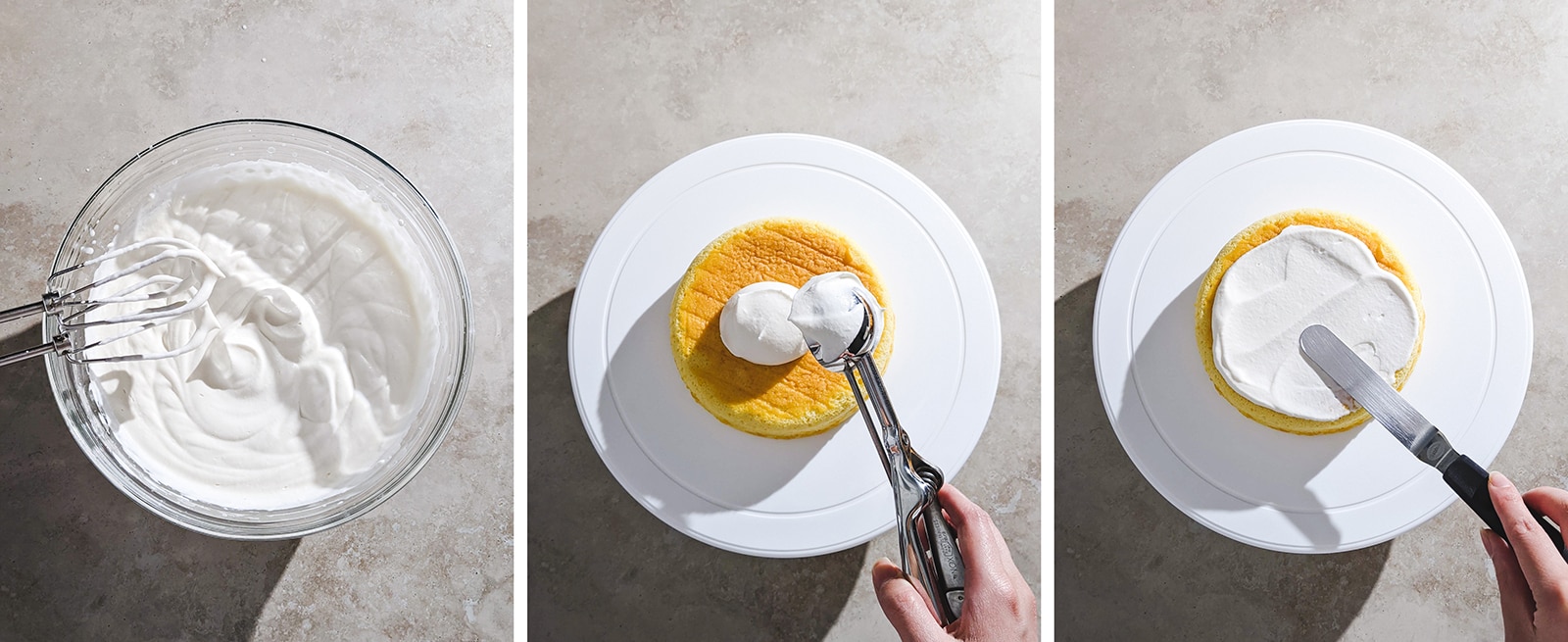 Three image collage of spreading whipped cream on top of chiffon cake layer.