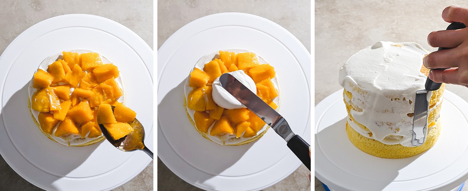 Three image collage of adding mangoes to cake layer and frosting cake with whipped cream.