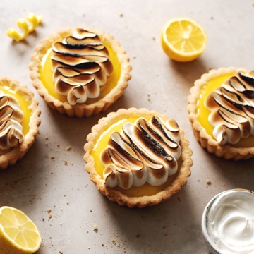 Piped squiggle design of toasted meringue on top of lemon tarts