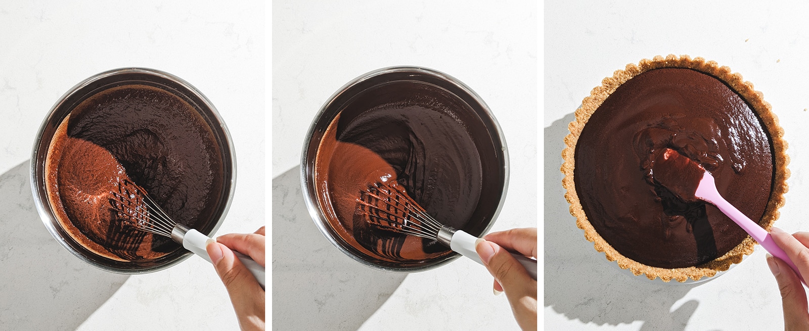 3 image collage of mixing chocolate ganache until smooth and pouring it into tart shell.