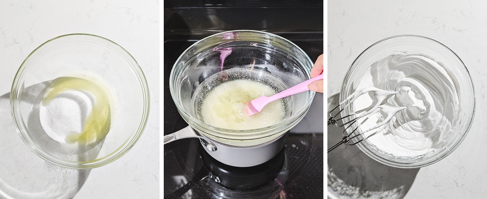 3 image collage of heating egg whites on the stove and whipping it into meringue.
