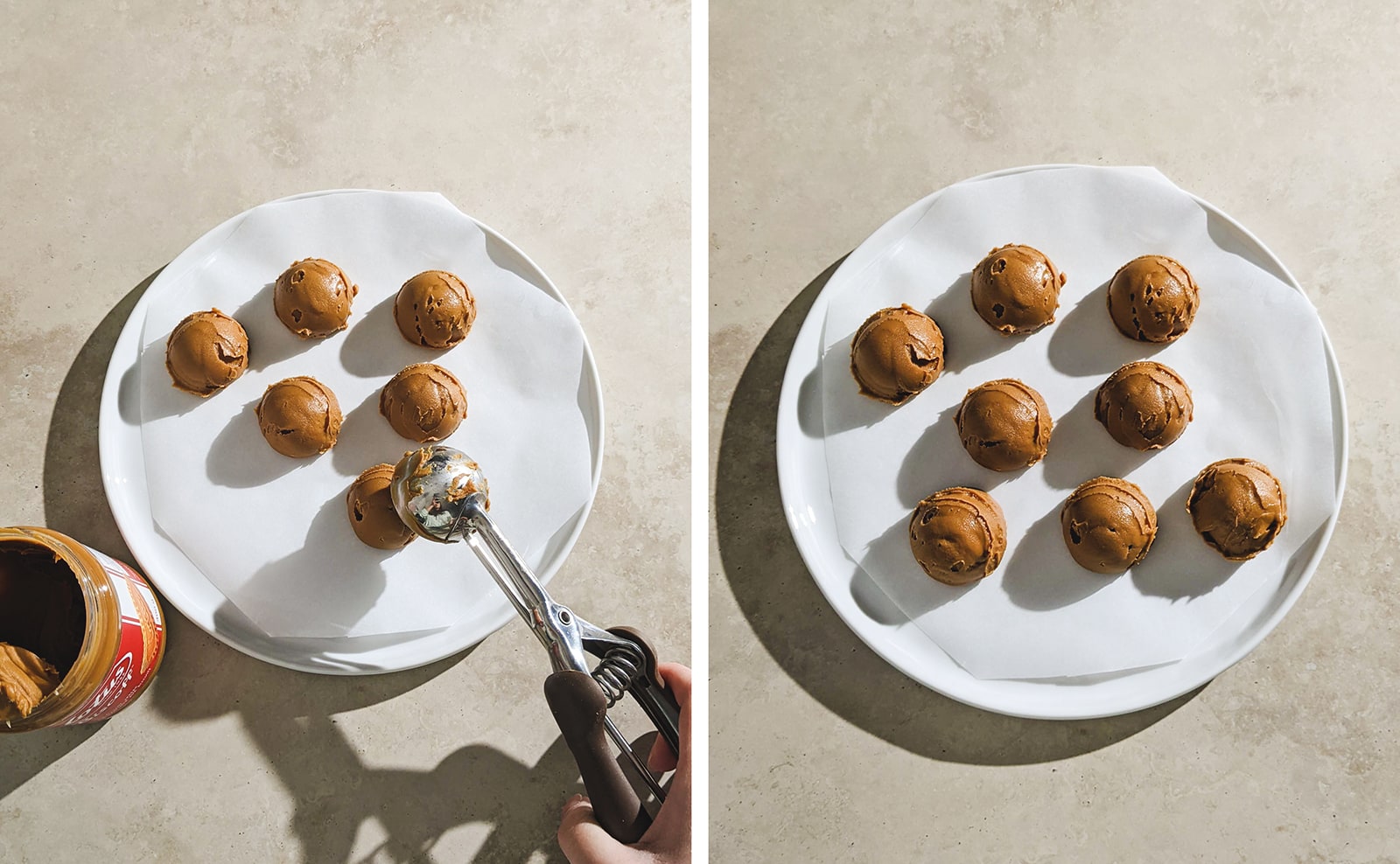 Scooping out small balls of biscoff spread onto a plate.