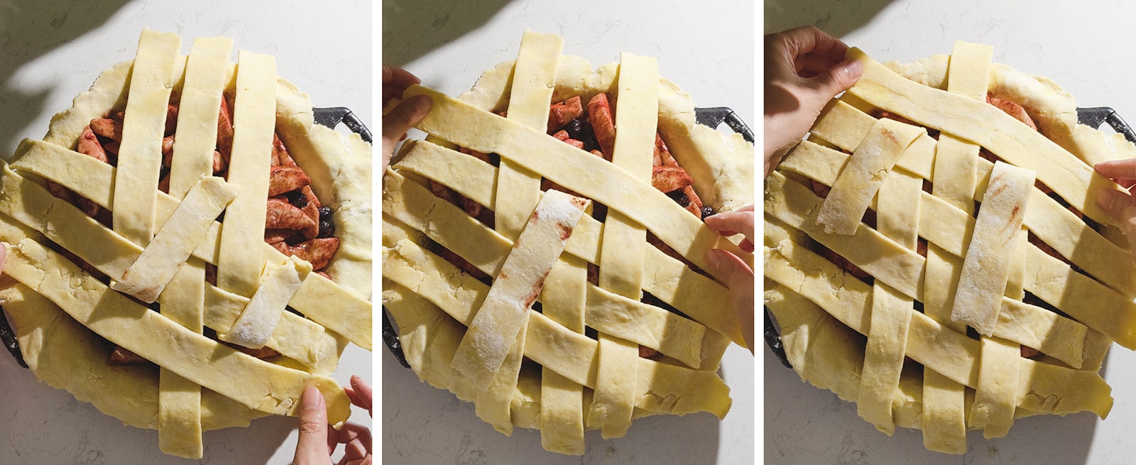 Weaving strips of dough into a lattice on top of a pie.