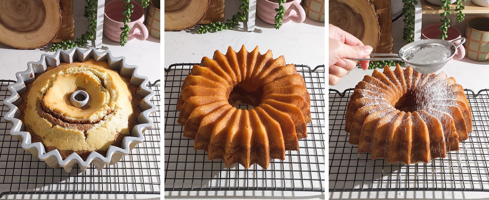 Releasing a bundt cake from the pan and sprinkling with powdered sugar.