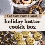 Cookie box filled with assorted decorated holiday butter cookies.