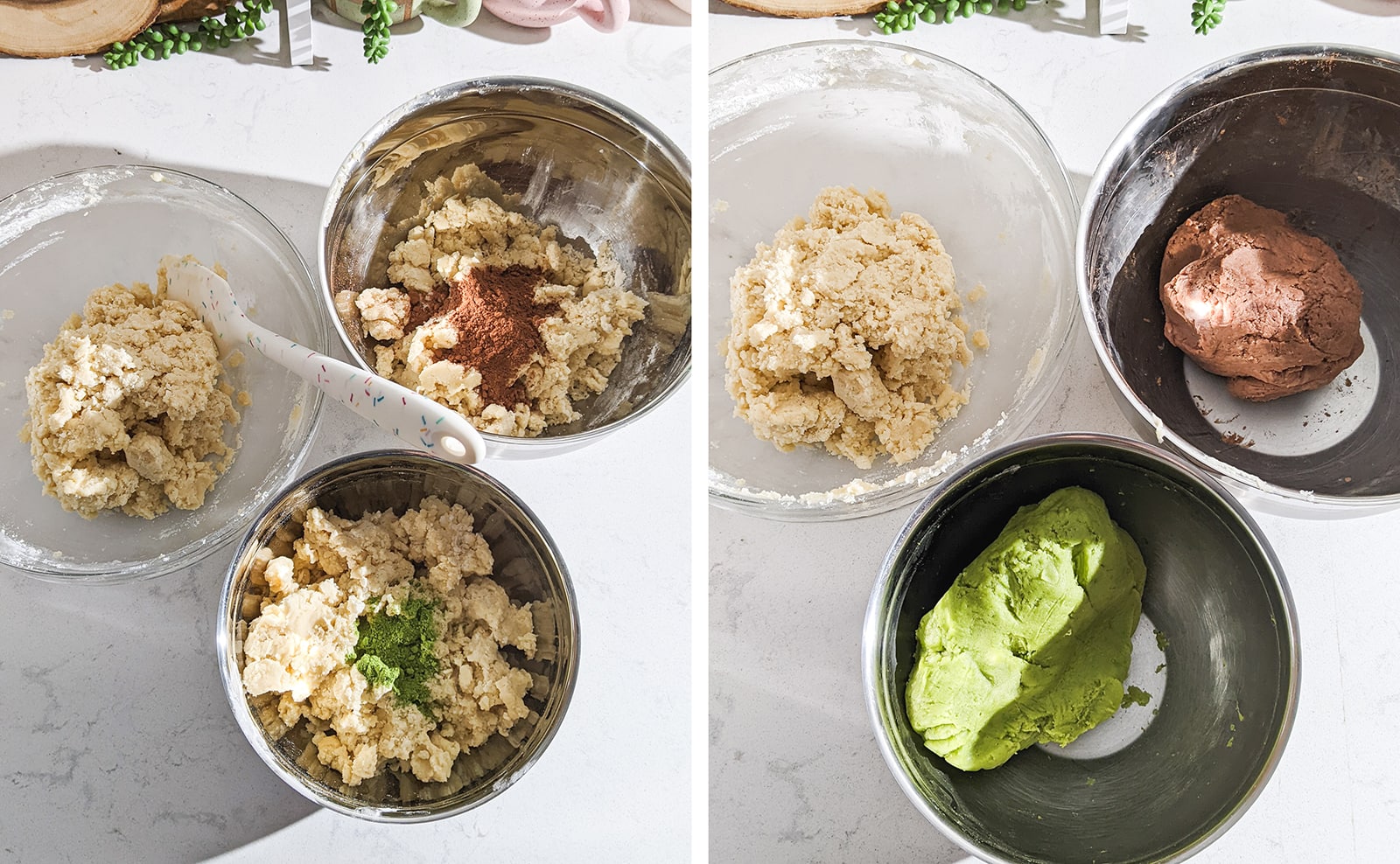 Three bowls of vanilla, matcha, and chocolate cookie dough before and after mixing.