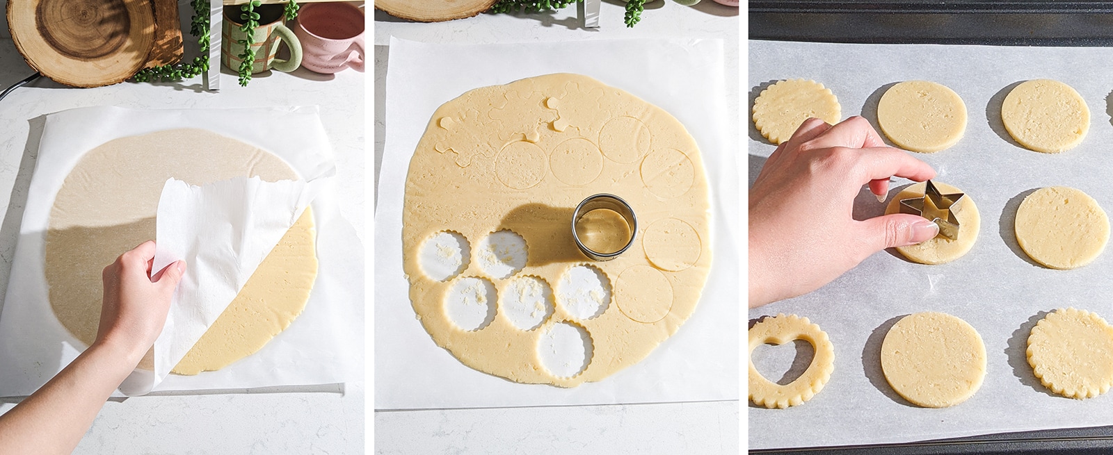 Cutting out cookies from cookie dough.