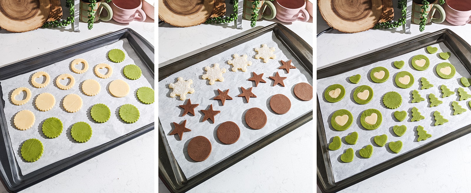 Cookie dough cutouts on baking trays before being baked.