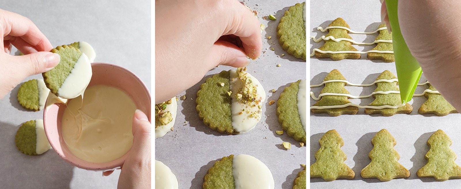 Dipping and decorating matcha cookies with melted white chocolate.