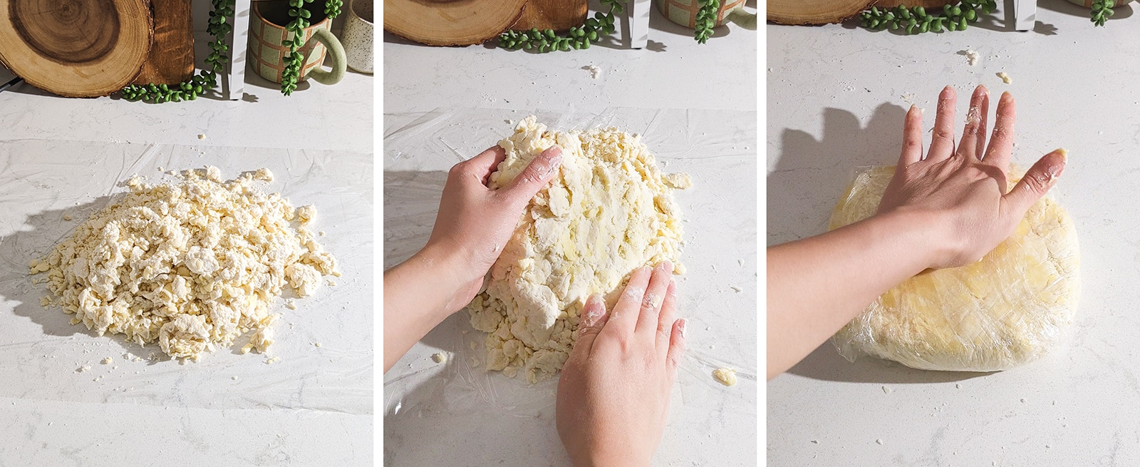 Folding and kneading dough on a counter.