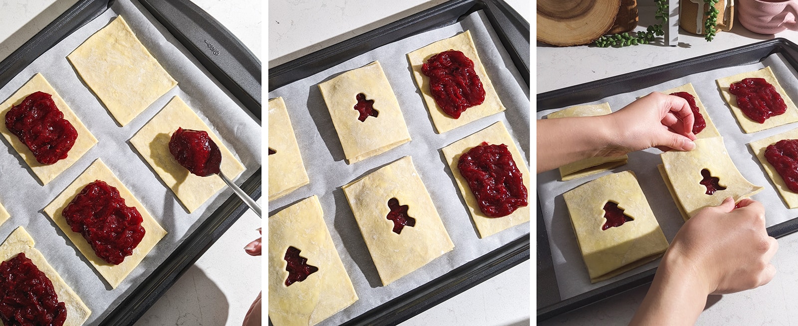 Placing spoonfuls of cranberry sauce on pie dough and placing a second layer of dough on top.