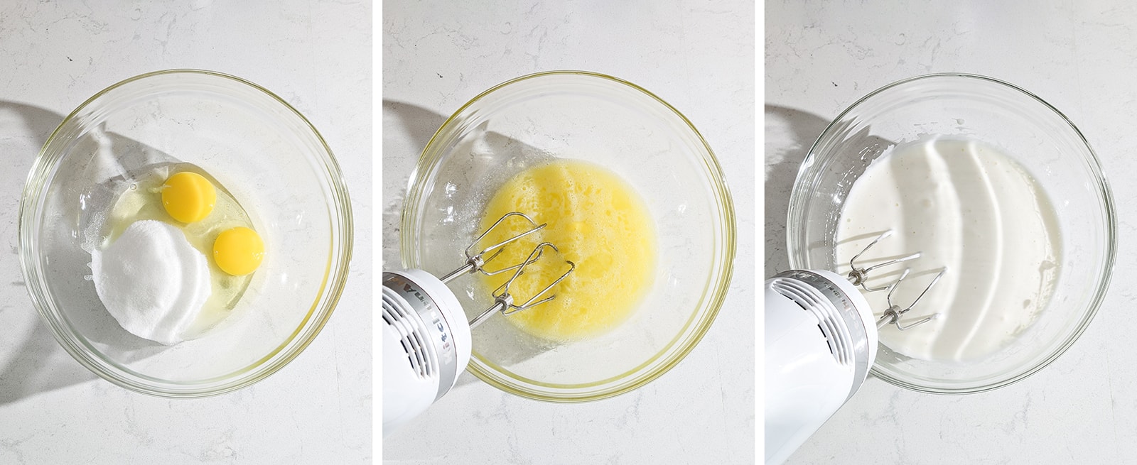Beating eggs with an electric mixer until pale and fluffy.
